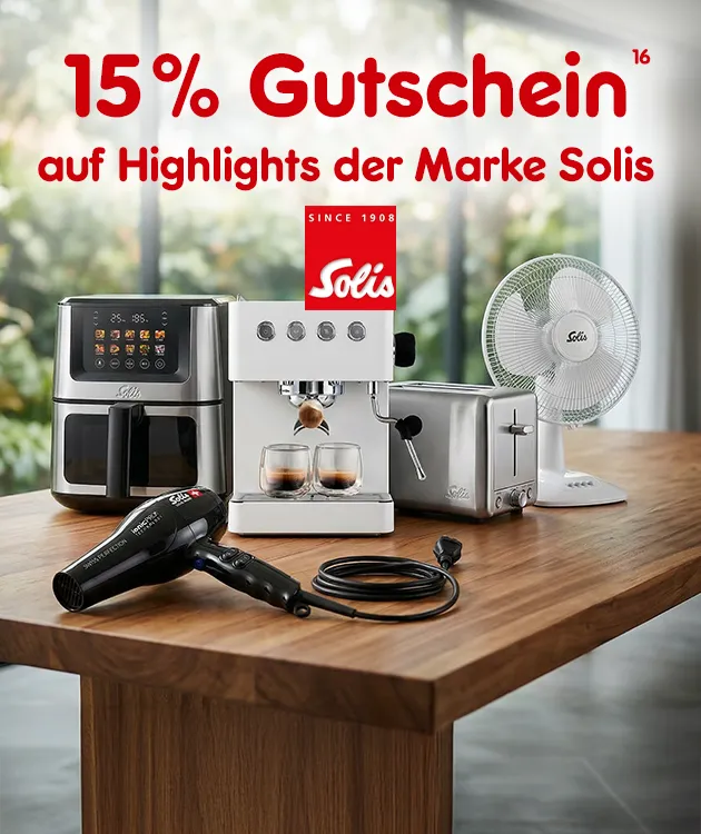 15% Gutschein auf Highlights der Marke Solis mit Hochzahl 16 als Hinweis auf Rechtstext