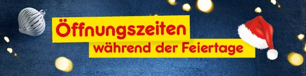 Diese Grafik zeigt eine hellgelbe kreisf&ouml;rmige Fl&auml;che in der Mitte mit roter Schrift "&Ouml;ffnungszeiten w&auml;hrend der Feiertage". Im Hintergrund ist ein Farbverlauf von orange nach blau-violett zu sehen, dazu zwei stilisierte Feuerwerksmotive oben und ein vierbl&auml;ttriges gr&uuml;nes Kleeblatt unten rechts. Unten steht im Button "Zu den &Ouml;ffnungszeiten" und l&auml;dt zum Klicken ein.