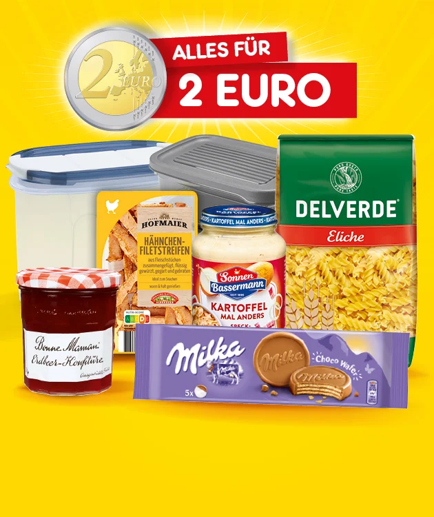 Die Grafik zeigt einen gelben Hintergrund mit Strahlen. Oben links ist eine Zwei-Euro-M&uuml;nze zu sehen; daneben steht auf rotem Banner &bdquo;Alles f&uuml;r zwei Euro&ldquo;. Darunter sind mehrere Produkte abgebildet: zwei Aufbewahrungsboxen mit Deckel, ein Glas &bdquo;Bonne Maman Erdbeer-Konfit&uuml;re&ldquo;, &bdquo;Hofmaier H&auml;hnchen-Filetstreifen&ldquo;, ein Glas &bdquo;Bauer Bassermann Kartoffel mal anders&ldquo; sowie eine Packung &bdquo;Delverde Eliche&ldquo; Nudeln. Unten liegt eine lila &bdquo;Milka&ldquo; Packung mit &bdquo;Choco Wafers&ldquo;. Ganz unten ein wei&szlig;er Button mit roter Umrandung &bdquo;Jetzt Angebote entdecken&ldquo;, der zum Klicken einl&auml;dt.