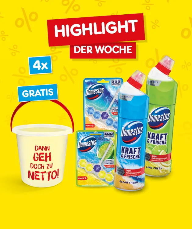 Grafik mit gelbem Hintergrund und Prozentzeichen im Muster. Oben steht in gro&szlig;en wei&szlig;en Buchstaben auf roten Rechtecken: &bdquo;Highlight der Woche&ldquo;. Links ist ein gelber Putzeimer mit rotem Henkel abgebildet, darauf steht: &bdquo;Dann geh doch zu Netto!&ldquo;. Daneben ein blaues Feld mit wei&szlig;er Schrift: &bdquo;Viermal gratis&ldquo;. Rechts vom Eimer sind vier Domestos-Produkte abgebildet: zwei Flaschen Domestos Kraft & Frische (eine in Blau, eine in Gr&uuml;n) und zwei verschiedene WC-Reiniger in Blisterverpackung. Unten mittig ein wei&szlig;er Button mit rotem Rand und Text: &bdquo;Weitere Angebote entdecken&ldquo;, der zum Klicken einl&auml;dt