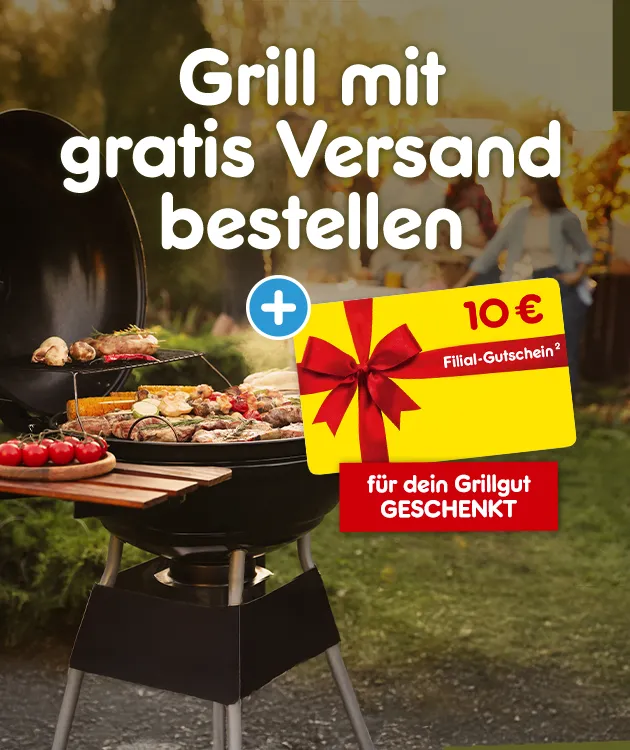 Grill mit Gratis Versand bestellen und 10 &euro; Filial-Gutschein f&uuml;r dein Grill-Gut erhalten. Mit Hoch 2, die auf einen Rechtstext verweist.
