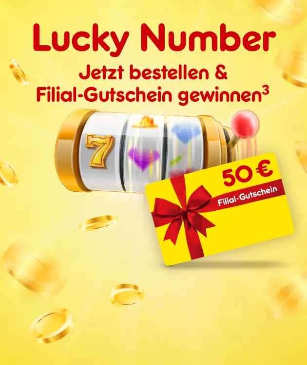Lucky Number. Jetzt bestellen und Filial-Gutschein bei Netto Online, mit Hochzahl 3 die auf rechtliche Hinweise verweist.