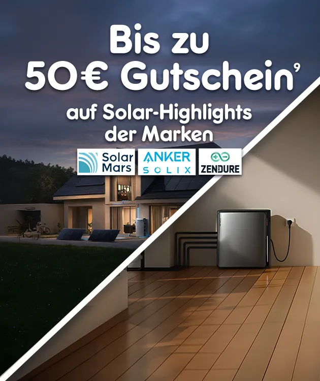 Bis zu 50 Euro Gutschein auf Solar Highlights der Marken Solar Mars, Anker Solix und Zendure bei Netto Online. Mit Hochzahl 9 die auf Rechtliche Hinweise verweist.
