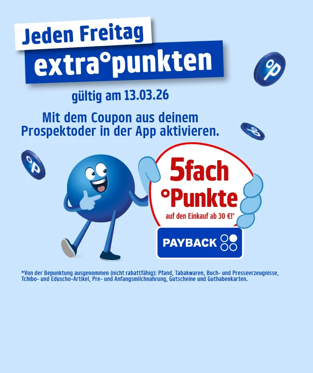 Die Grafik zeigt einen blauen Hintergrund mit dem Hinweis &bdquo;Jeden Freitag extra&deg;punkten&ldquo;, einer PAYBACK-Aktion mit &bdquo;5fach &deg;Punkte&ldquo; sowie Informationen zur Aktivierung per Coupon und dem Button &bdquo;Hier mehr erfahren&ldquo;.