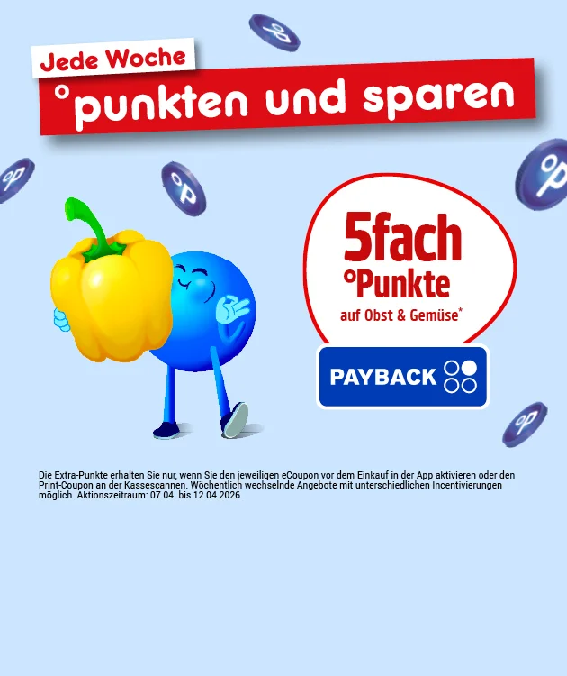 Hellblauer Hintergrund mit herumfliegenden blauen Punkte-Zeichen. Oben steht: &bdquo;Jede Woche punkten und sparen&ldquo;. Links h&auml;lt ein blauer Pointee eine gelbe Paprika im Arm. Rechts in einem wei&szlig;en Kreis mit rotem Rand steht: &bdquo;f&uuml;nffach Punkte auf Obst und Gem&uuml;se!&ldquo; darunter das &bdquo;PAYBACK&ldquo;-Logo. Sternchentext unten: &bdquo;Die Extra-Punkte erhalten Sie nur, wenn Sie den jeweiligen eCoupon vor dem Einkauf in der App aktivieren oder den Print-Coupon an der Kasse scannen. W&ouml;chentlich wechselnde Angebote mit unterschiedlichen Einl&ouml;sebedingungen m&ouml;glich. Aktionszeitraum: siebenter vierter bis zw&ouml;lfter vierter zweitausendsechsundzwanzig." Ganz unten ein Button &bdquo;Hier mehr erfahren&ldquo;, der zum Klicken einl&auml;dt.