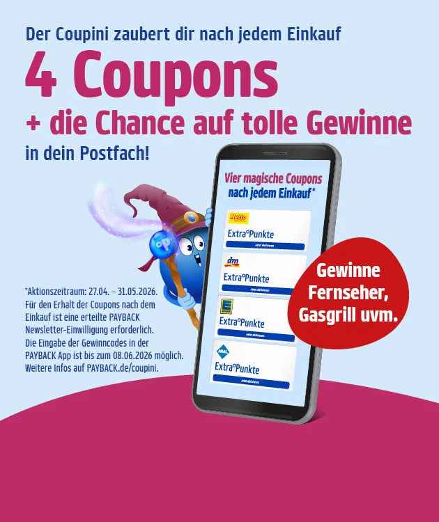 Grafik mit Text &bdquo;Der Coupini zaubert dir nach jedem Einkauf vier Coupons plus die Chance auf tolle Gewinne in dein Postfach!&ldquo;. Roter Kreis: &bdquo;Gewinne Fernseher, Gasgrill uvm.&ldquo; Rechts ein Smartphone mit &Uuml;berschrift &bdquo;Vier magische Coupons nach jedem Einkauf&ldquo; und mehreren &bdquo;Extra Punkte&ldquo;-Coupons. Unten Kleingedrucktes zum Aktionszeitraum von siebenundzwanzigster vierter bis einunddrei&szlig;igster f&uuml;nfter zweitausendsechsundzwanzig sowie Hinweis zur Eingabe des Gewinncodes bis achter sechster zweitausendsechsundzwanzig. Unten ein Button &bdquo;Jetzt Netto plus App downloaden&ldquo;, der zum Klicken einl&auml;dt.