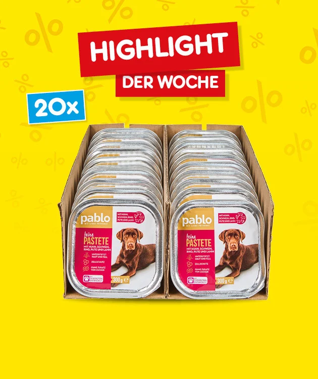 Bild zeigt zwanzig Schalen Pablo feine Pastete Hundefutter mit jeweils einhundertf&uuml;nfundzwanzig Gramm Inhalt. Oben steht &bdquo;Highlight der Woche&ldquo; in wei&szlig;er Schrift auf rotem Hintergrund. Links ist ein blaues Feld mit &bdquo;Zwanzig mal&ldquo;. Unten befindet sich ein wei&szlig;-roter Button mit der Aufschrift &bdquo;Weitere Angebote entdecken&ldquo;, der zum Klicken einl&auml;dt.