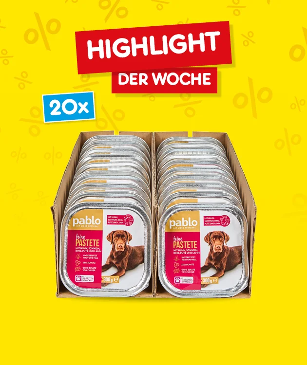 Gelber Hintergrund mit rotem Banner &bdquo;Highlight der Woche&ldquo;. Darunter ein Karton mit zwanzig Schalen Pablo Hundefutter, Sorte Pastete mit Rind. Links oben ein blaues Feld mit wei&szlig;er Schrift: &bdquo;Zwanzig Mal&ldquo;. Unten ein wei&szlig;er Button mit rotem Rand und roter Schrift: &bdquo;Weitere Angebote entdecken&ldquo;, der zum Klicken einl&auml;dt.