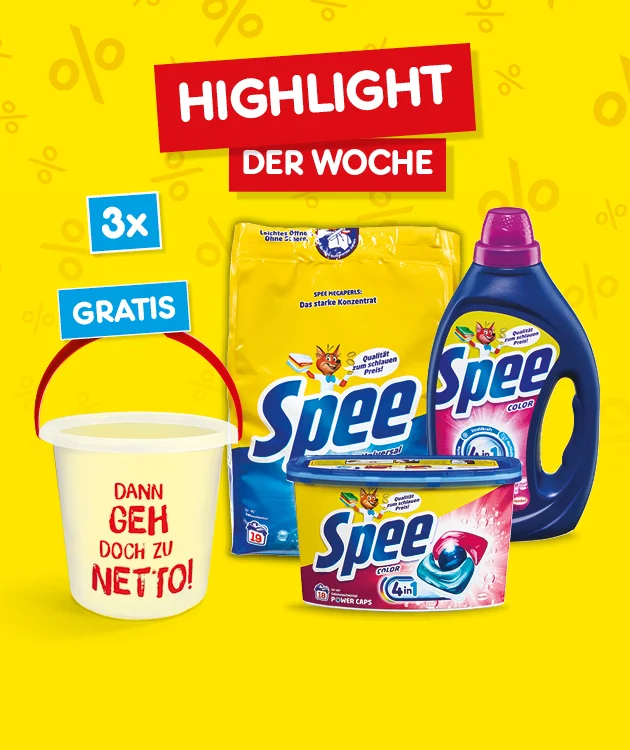 Auf gelbem Hintergrund mit Prozentzeichen sind drei Spee Waschmittelprodukte abgebildet: ein gelber Beutel, eine blaue Flasche und eine gelbe Dose. Daneben steht ein gelber Eimer mit rotem Henkel und roter Aufschrift "Dann geh doch zu Netto!". Dar&uuml;ber in blauen K&auml;stchen "drei Mal gratis". Oben ein rotes Schild mit wei&szlig;er Schrift "Highlight der Woche". Unten ist ein wei&szlig;er Button mit rotem Rand und roter Aufschrift "Weitere Angebote entdecken", der zum Klicken einl&auml;dt.