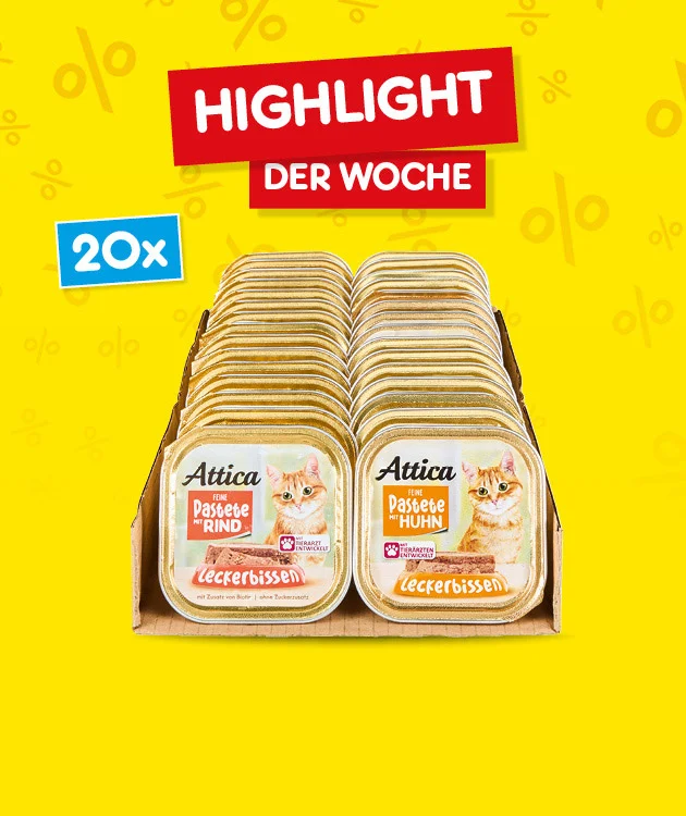 Bild zeigt zwanzig Schalen Attica Leckerbissen Katzenfutter in den Sorten Pastete Rind und Pastete Huhn. Oben steht &bdquo;Highlight der Woche&ldquo; in wei&szlig;er Schrift auf rotem Hintergrund. Links ist ein blaues Feld mit &bdquo;Zwanzig mal&ldquo;. Unten befindet sich ein wei&szlig;-roter Button mit der Aufschrift &bdquo;Weitere Angebote entdecken&ldquo;, der zum Klicken einl&auml;dt.