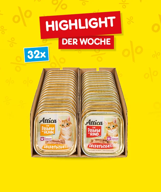 Gelber Hintergrund mit rotem Banner &bdquo;Highlight der Woche&ldquo;. Darunter ein Karton mit zweiunddrei&szlig;ig Schalen Atica Katzenfutter, Sorte Pastete mit Rind. Links oben ein blaues Feld mit wei&szlig;er Schrift: &bdquo;Zweiunddrei&szlig;ig Mal&ldquo;. Unten ein wei&szlig;er Button mit rotem Rand und roter Schrift: &bdquo;Weitere Angebote entdecken&ldquo;, der zum Klicken einl&auml;dt.