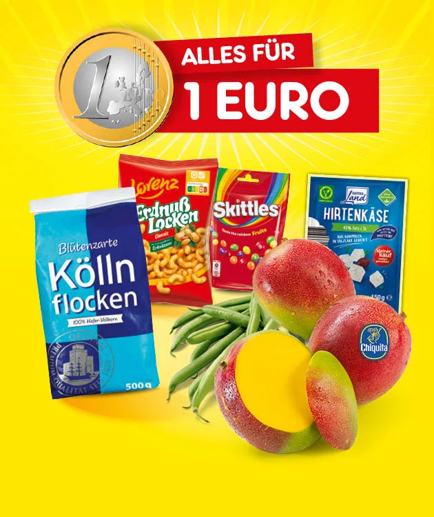 Diese Grafik zeigt auf gelbem Hintergrund eine M&uuml;nze, den Schriftzug &bdquo;Alles f&uuml;r einen Euro&ldquo;, eine Packung K&ouml;lln Flocken, mehrere Snack-Produkte, gr&uuml;ne Bohnen, zwei Mangos und unten den Button &bdquo;Jetzt Angebote entdecken&ldquo;, der zum Klicken einl&auml;dt.