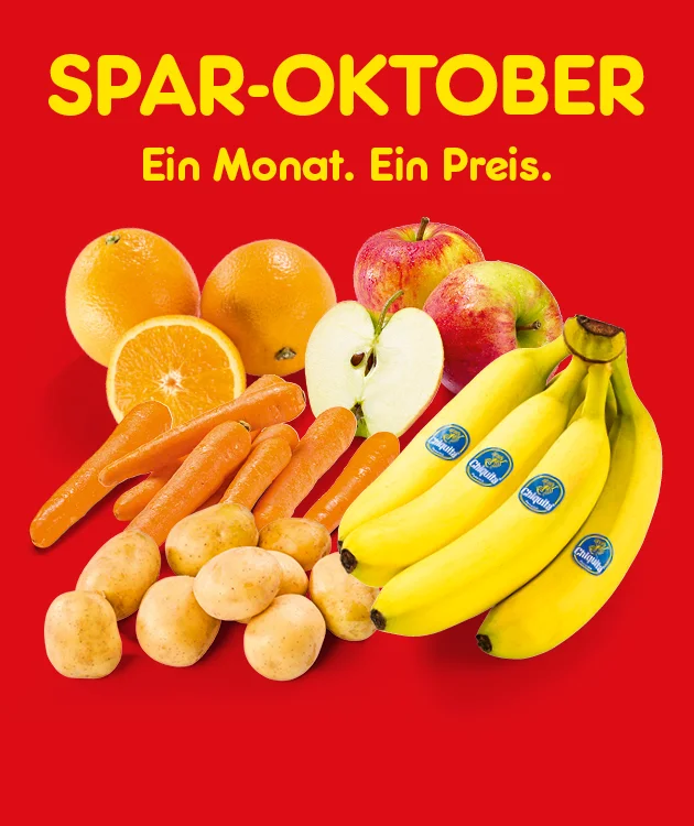 Diese Grafik zeigt auf gelbem Hintergrund oben den Schriftzug &bdquo;Spar-Oktober&ldquo; sowie den Zusatz &bdquo;1 Monat. 5 Artikel. Top-Preise.&ldquo;. Darunter ist eine Auswahl an Obst und Gem&uuml;se abgebildet, darunter Orangen, &Auml;pfel, Karotten, Kartoffeln und Bananen. Unten in der Mitte l&auml;dt ein Button mit der Aufschrift &bdquo;Weitere Sparangebote entdecken&ldquo; zum Klicken ein.