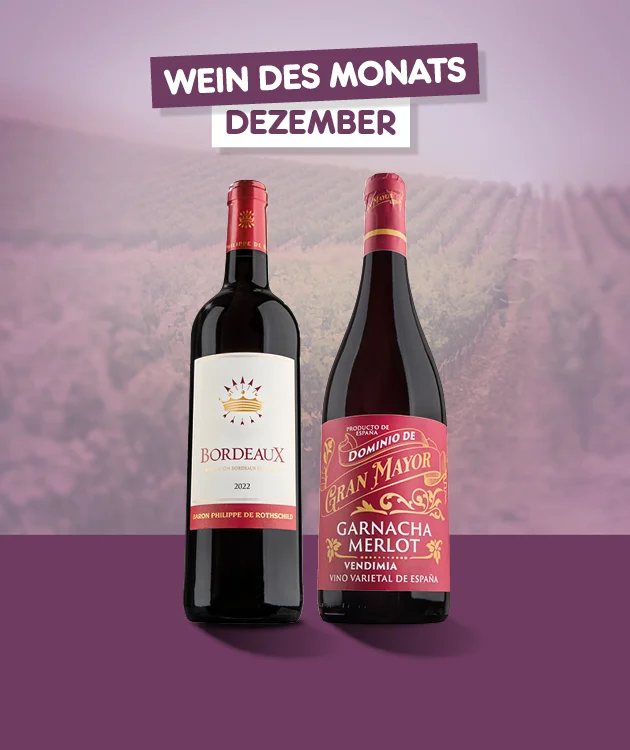 Bild mit violettem Hintergrund und angedeutetem Weinberg. Oben mittig ein lila-weißes Feld mit weißer Schrift: „Wein des Monats Dezember“. Im Vordergrund zwei Flaschen Rotwein: links eine Flasche Bordeaux mit weißem Etikett und gold-rotem Schriftzug, rechts eine Flasche Dominio de Gran Mayor Garnacha Merlot mit rotem Etikett und goldener Schrift. Unten mittig ein weiß-roter Button mit der Aufschrift: „Weitere Angebote entdecken“, der zum Klicken einlädt.