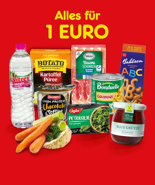 Diese Grafik zeigt auf rotem Hintergrund die Aussage &bdquo;Alles f&uuml;r einen Euro&ldquo;. Abgebildet sind verschiedene Lebensmittel und Getr&auml;nke, darunter eine Flasche Mineralwasser, Kartoffelp&uuml;ree, Schinken, Nudeln in Buchstabenform, M&ouml;hren, Blumenkohl, Schokoladenpudding, Gem&uuml;se, Petersilie und Rote Gr&uuml;tze. Unten l&auml;dt ein Button &bdquo;Weitere Angebote entdecken&ldquo; zum Klicken ein.