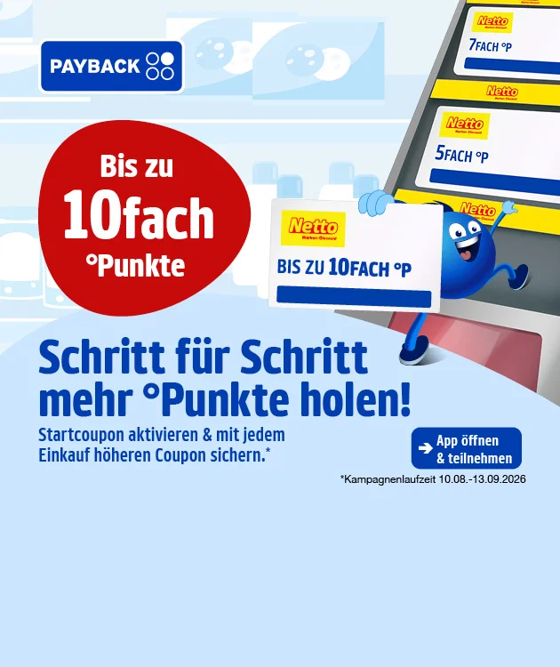 Diese Grafik zeigt auf hellblauem Hintergrund eine Werbegrafik von Netto und PAYBACK. Oben links steht in gro&szlig;er dunkelblauer Schrift: &bdquo;Schritt f&uuml;r Schritt mehr Punkte holen!&ldquo;. Links mittig ist ein roter Kreis mit wei&szlig;er Schrift zu sehen: &bdquo;Bis zu zehnfach Punkte&ldquo;. Darunter steht in dunkelblauer Schrift: &bdquo;Startcoupon aktivieren und mit jedem Einkauf h&ouml;heren Coupon sichern.&ldquo; Rechts ist ein schr&auml;g dargestelltes Smartphone oder Display mit mehreren gelben Netto-Coupons zu sehen, darunter gut erkennbar &bdquo;siebenfach Punkte&ldquo; und &bdquo;f&uuml;nffach Punkte&ldquo;. Davor steht ein blauer Pointee und h&auml;lt ein wei&szlig;es Schild mit Netto-Logo und der Aufschrift &bdquo;Bis zu zehnfach Punkte&ldquo;. Im Hintergrund sind helle, schemenhafte Formen zu sehen, die wie Einkaufstaschen oder stilisierte Ladenmotive wirken. Unten links befindet sich das PAYBACK-Logo, daneben ein blauer Button mit der Aufschrift &bdquo;App &ouml;ffnen und teilnehmen&ldquo;. Darunter steht als kleiner Sternchentext: &bdquo;Kampagnenlaufzeit zehnter achter bis dreizehnter neunter zweitausendsechsundzwanzig&ldquo;. Unten rechts befindet sich ein gelb-wei&szlig;er Button mit roter Schrift: &bdquo;Hier mehr erfahren&ldquo;, der zum Klicken einl&auml;dt.