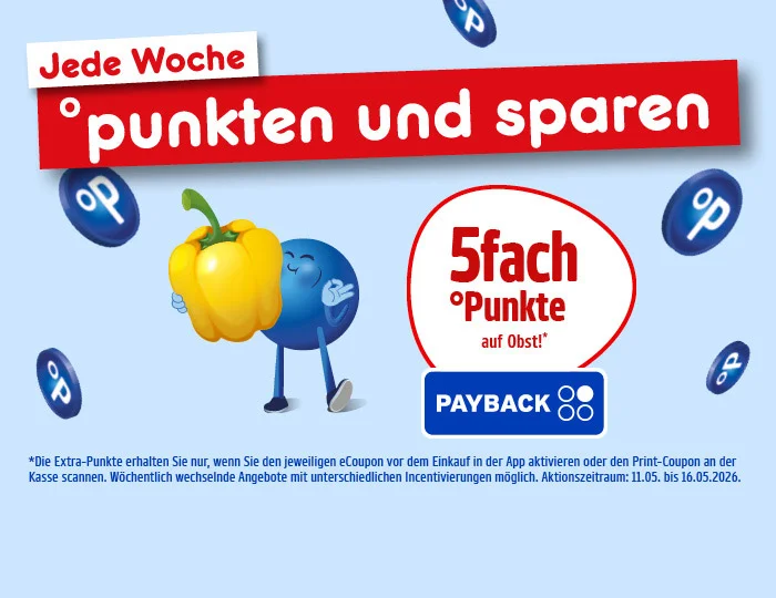 Diese Grafik zeigt einen hellblauen Hintergrund mit schwebenden Payback-Punktekugeln. Oben links steht in einem wei&szlig;en Feld &bdquo;Jede Woche&ldquo;, daneben auf einem roten Banner &bdquo;punkten und sparen&ldquo;. Links ist ein blauer Pointee abgebildet, der eine gelbe Paprika tr&auml;gt. Rechts stehen in einem wei&szlig;en Kreis mit rotem Rand die Texte &bdquo;f&uuml;nffach Punkte auf Obst!&ldquo; mit einem Sternchen, darunter das PAYBACK-Logo. Unten steht der Text zum Sternchen: &bdquo;Die Extra-Punkte erhalten Sie nur, wenn Sie den jeweiligen eCoupon vor dem Einkauf in der App aktivieren oder den Print-Coupon an der Kasse scannen. W&ouml;chentlich wechselnde Angebote mit unterschiedlichen Incentivierungen m&ouml;glich. Aktionszeitraum: elfter Mai bis sechzehnter Mai zweitausendsechsundzwanzig.&ldquo; Ganz unten ein Button mit der Aufschrift &bdquo;Hier mehr erfahren&ldquo;, der zum Klicken einl&auml;dt.