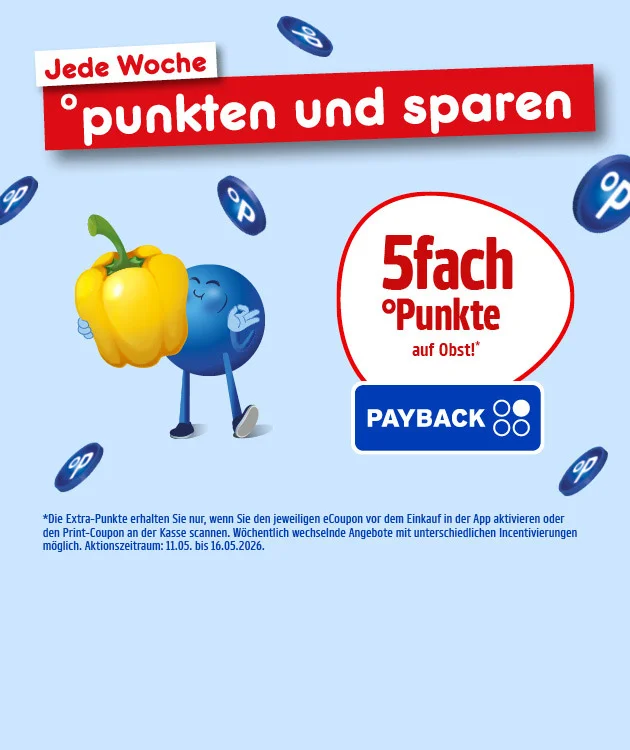 Diese Grafik zeigt einen hellblauen Hintergrund mit schwebenden Payback-Punktekugeln. Oben links steht in einem wei&szlig;en Feld &bdquo;Jede Woche&ldquo;, daneben auf einem roten Banner &bdquo;punkten und sparen&ldquo;. Links ist ein blauer Pointee abgebildet, der eine gelbe Paprika tr&auml;gt. Rechts stehen in einem wei&szlig;en Kreis mit rotem Rand die Texte &bdquo;f&uuml;nffach Punkte auf Obst!&ldquo; mit einem Sternchen, darunter das PAYBACK-Logo. Unten steht der Text zum Sternchen: &bdquo;Die Extra-Punkte erhalten Sie nur, wenn Sie den jeweiligen eCoupon vor dem Einkauf in der App aktivieren oder den Print-Coupon an der Kasse scannen. W&ouml;chentlich wechselnde Angebote mit unterschiedlichen Incentivierungen m&ouml;glich. Aktionszeitraum: elfter Mai bis sechzehnter Mai zweitausendsechsundzwanzig.&ldquo; Ganz unten ein Button mit der Aufschrift &bdquo;Hier mehr erfahren&ldquo;, der zum Klicken einl&auml;dt.