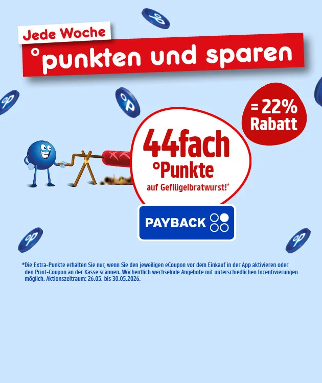 Diese Grafik zeigt eine hellblaue PAYBACK‑Aktionsgrafik von Netto mit mehreren fliegenden blauen PAYBACK‑Punkten im Hintergrund. Oben links steht &bdquo;Jede Woche&ldquo;, daneben auf rotem Banner &bdquo;punkten und sparen&ldquo;. Links ist ein blauer Pointee zu sehen, der an einem kleinen Grillgestell eine rote Wurst am Spie&szlig; grillt, mit kleiner Rauchspur dar&uuml;ber. In der Mitte steht in einem gro&szlig;en Kreis &bdquo;vierundvierzigfach Punkte auf Gefl&uuml;gelbratwurst&ldquo; mit Sternchenhinweis, rechts in einem roten Kreis &bdquo;minus zweiundzwanzig Prozent Rabatt&ldquo;, darunter das PAYBACK‑Logo. Unten steht der Sternchentext: &bdquo;Die Extra‑Punkte erhalten Sie nur, wenn Sie den jeweiligen eCoupon vor dem Einkauf in der App aktivieren oder den Print‑Coupon an der Kasse scannen. W&ouml;chentlich wechselnde Angebote mit unterschiedlichen Incentivierungen m&ouml;glich. Aktionszeitraum: sechsundzwanzigster f&uuml;nfter bis drei&szlig;igster f&uuml;nfter zweitausendsechsundzwanzig&ldquo; Ganz unten befindet sich ein Button &bdquo;Hier mehr erfahren&ldquo;, der zum Klicken einl&auml;dt.
