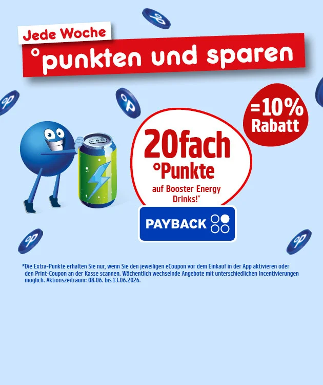 Diese Grafik zeigt eine hellblaue PAYBACK‑Aktionsgrafik von Netto mit mehreren fliegenden blauen PAYBACK‑Punkten im Hintergrund. Oben links steht &bdquo;Jede Woche&ldquo;, daneben auf rotem Banner &bdquo;punkten und sparen&ldquo;. Links ist ein blauer Pointee zu sehen, der an einem kleinen Grillgestell eine rote Wurst am Spie&szlig; grillt, mit kleiner Rauchspur dar&uuml;ber. In der Mitte steht in einem gro&szlig;en Kreis &bdquo;vierundvierzigfach Punkte auf Gefl&uuml;gelbratwurst&ldquo; mit Sternchenhinweis, rechts in einem roten Kreis &bdquo;minus zweiundzwanzig Prozent Rabatt&ldquo;, darunter das PAYBACK‑Logo. Unten steht der Sternchentext: &bdquo;Die Extra‑Punkte erhalten Sie nur, wenn Sie den jeweiligen eCoupon vor dem Einkauf in der App aktivieren oder den Print‑Coupon an der Kasse scannen. W&ouml;chentlich wechselnde Angebote mit unterschiedlichen Incentivierungen m&ouml;glich. Aktionszeitraum: sechsundzwanzigster f&uuml;nfter bis drei&szlig;igster f&uuml;nfter zweitausendsechsundzwanzig&ldquo; Ganz unten befindet sich ein Button &bdquo;Hier mehr erfahren&ldquo;, der zum Klicken einl&auml;dt.