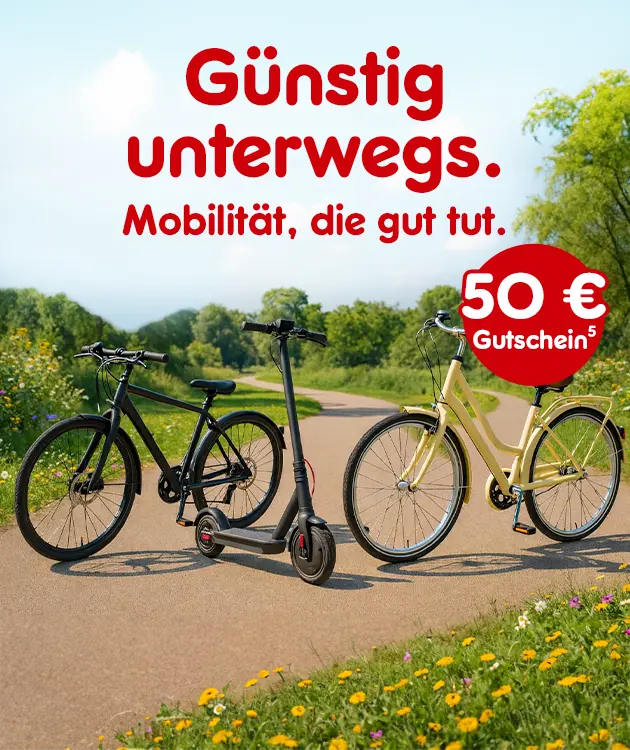 G&uuml;nstig unterwegs. Mobilit&auml;t die gut tut. 50&euro; Gutschein bei Netto Online mit Hochzahl 5, die auf rechtliche Hinweise verweist.