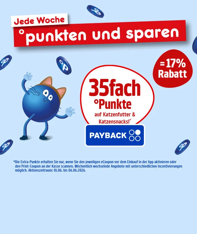 Diese Grafik zeigt vor hellblauem Hintergrund den Slogan &bdquo;Jede Woche punkten und sparen&ldquo;, mehrere fliegende PAYBACK-Punkte, einen blauen Pointee mit Katzenohren und Schnurrhaaren, den Hinweis &bdquo;f&uuml;nfunddrei&szlig;igfach Punkte auf Katzenfutter und Katzensnacks&ldquo; mit einem Sternchen, &bdquo;gleich siebzehn Prozent Rabatt&ldquo; sowie das PAYBACK-Logo. Das Sternchen wird aufgel&ouml;st mit dem Text: &bdquo;Die Extra-Punkte erhalten Sie nur, wenn Sie den jeweiligen Coupon vor dem Einkauf in der App aktivieren oder den Print-Coupon an der Kasse scannen. W&ouml;chentlich wechselnde Angebote mit unterschiedlichen Incentivierungen m&ouml;glich. Aktionszeitraum: erster sechster bis sechster sechster zweitausendsechsundzwanzig.&ldquo; Unten befindet sich ein Button mit der Aufschrift &bdquo;Hier mehr erfahren&ldquo;, der zum Klicken einl&auml;dt.
