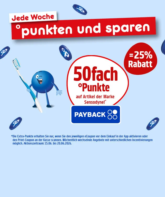Diese Grafik zeigt auf hellblauem Hintergrund mehrere schwebende blaue Payback-Punkte, den Schriftzug &bdquo;Jede Woche punkten und sparen&ldquo; und einen fr&ouml;hlich zwinkernden blauen Pointee, der eine Zahnb&uuml;rste h&auml;lt. Mittig steht ein wei&szlig;er Kreis mit rotem Rand und dem Text &bdquo;f&uuml;nfzigfach Punkte auf Artikel der Marke Sensodyne&ldquo;. Rechts daneben steht in einem roten Kreis &bdquo;gleich f&uuml;nfundzwanzig Prozent Rabatt&ldquo;. Unter dem Kreis ist das Payback-Logo zu sehen. Unten steht der Sternchentext: &bdquo;Die Extra-Punkte erhalten Sie nur, wenn Sie den jeweiligen eCoupon vor dem Einkauf in der App aktivieren oder den Print-Coupon an der Kasse scannen. W&ouml;chentlich wechselnde Angebote mit unterschiedlichen Incentivierungen m&ouml;glich. Aktionszeitraum: f&uuml;nfzehnter sechster bis zwanzigster sechster zweitausendsechsundzwanzig.&ldquo; Ganz unten befindet sich ein Button mit der Aufschrift &bdquo;Hier mehr erfahren&ldquo;, der zum Klicken einl&auml;dt.