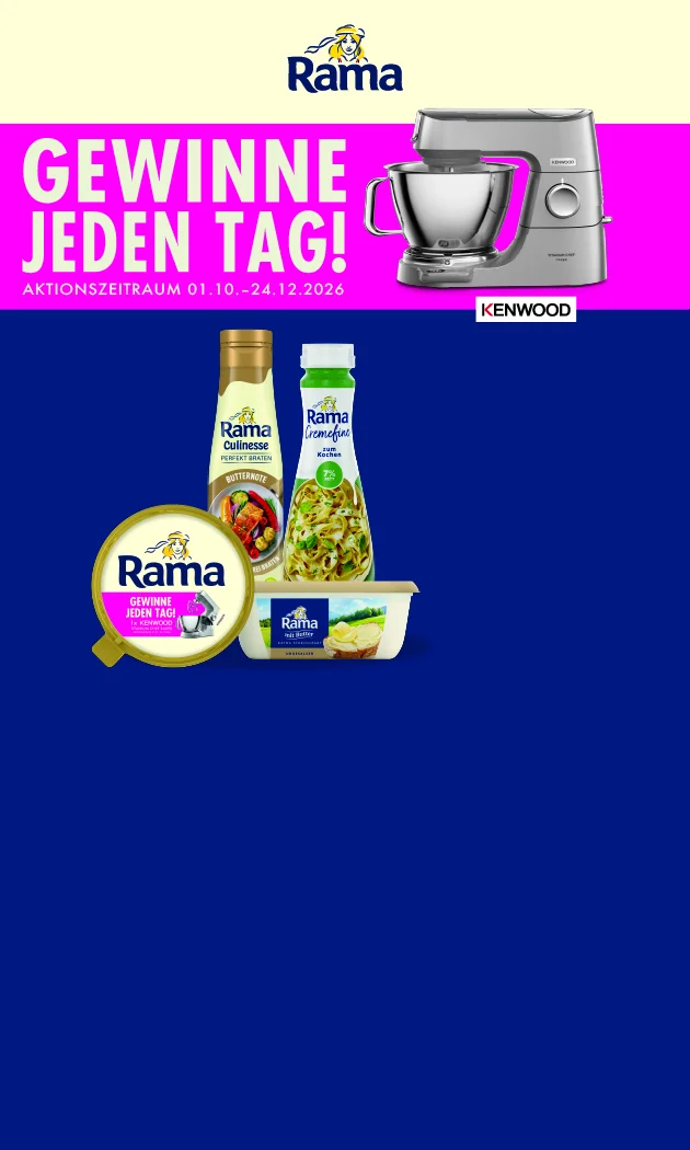 Diese Grafik zeigt auf einer Holzfl&auml;che einen Becher Rama &bdquo;einhundert Prozent nat&uuml;rliche Zutaten&ldquo; zum Streichen vor unscharfem K&uuml;chenhintergrund, oben steht in einem roten Banner &bdquo;Spar ganz nah&ldquo;, rechts stehen die Hinweise &bdquo;Rama&ldquo;, &bdquo;vierhundert Gramm&ldquo; und &bdquo;drei Euro achtundvierzig pro Kilogramm&ldquo;, daneben ein gelb-rotes Preisfeld mit &bdquo;minus neununddrei&szlig;ig Prozent&ldquo;, dem Preis &bdquo;ein Euro neununddrei&szlig;ig&ldquo; mit Sternchen und dem durchgestrichenen alten Preis &bdquo;zwei Euro neunundzwanzig&ldquo;. Der Sternchentext lautet: Auch bei Netto City erh&auml;ltlich, nicht in allen Sorten. Unten links ist ein Filial-Symbol zu sehen und unten l&auml;dt ein Button mit der Aufschrift &bdquo;Weitere Angebote entdecken&ldquo; zum Klicken ein.