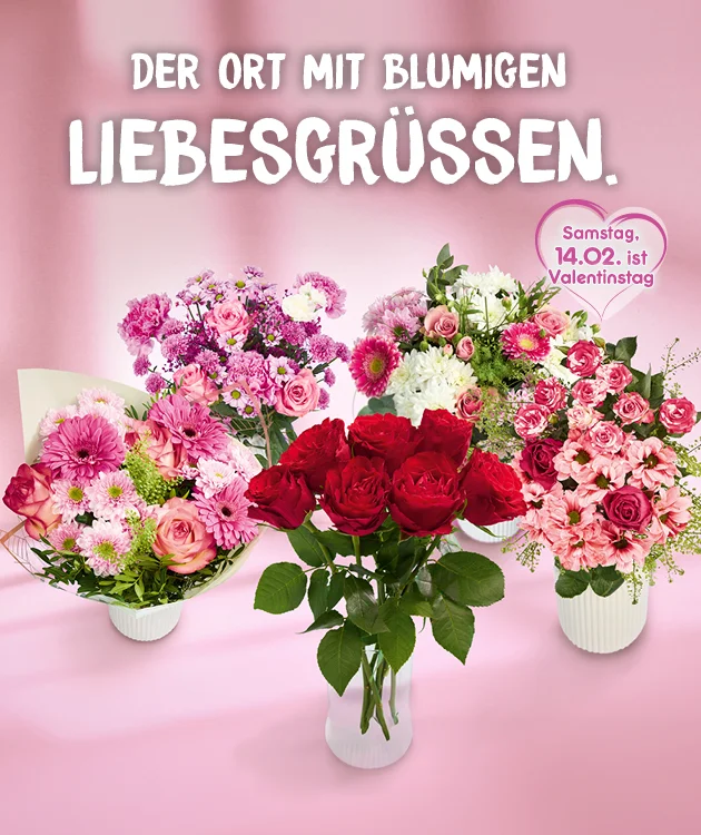 Grafik mit rosa Hintergrund und dem wei&szlig;en Schriftzug &bdquo;Der Ort mit blumigen Liebesgr&uuml;&szlig;en.&ldquo; Oben rechts befindet sich ein rosa Herz mit der Aufschrift &bdquo;Samstag, vierzehnter Februar ist Valentinstag&ldquo;. Im Vordergrund stehen f&uuml;nf verschiedene Blumenstr&auml;u&szlig;e in Vasen, &uuml;berwiegend in Rosa-, Pink- und Rott&ouml;nen, mitten drin ein Strau&szlig; mit roten Rosen. Unten mittig ist ein wei&szlig;er Button mit rotem Rand und roter Schrift &bdquo;Jetzt Angebote entdecken&ldquo;, der zum Klicken einl&auml;dt.