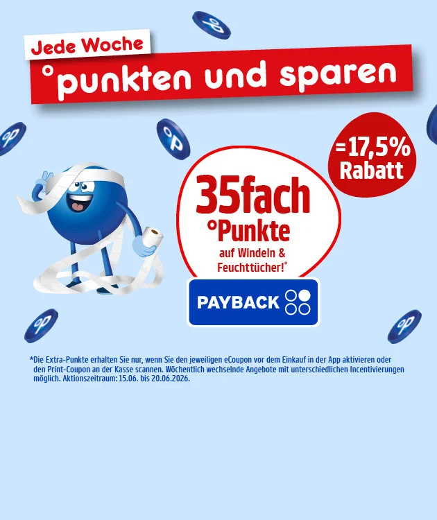Diese Grafik zeigt auf hellblauem Hintergrund mehrere schwebende blaue Payback-Punkte, den Schriftzug &bdquo;Jede Woche punkten und sparen&ldquo; und einen fr&ouml;hlich l&auml;chelnden blauen Pointee, der mit Toilettenpapier umwickelt ist und eine Toilettenpapierrolle in der Hand h&auml;lt. Mittig steht ein wei&szlig;er Kreis mit rotem Rand und dem Text &bdquo;f&uuml;nfunddrei&szlig;igfach Punkte auf Windeln und Feuchtt&uuml;cher&ldquo;. Rechts daneben steht in einem roten Kreis &bdquo;gleich siebzehn Komma f&uuml;nf Prozent Rabatt&ldquo;. Unter dem Kreis ist das Payback-Logo zu sehen. Unten steht der Sternchentext: &bdquo;Die Extra-Punkte erhalten Sie nur, wenn Sie den jeweiligen eCoupon vor dem Einkauf in der App aktivieren oder den Print-Coupon an der Kasse scannen. W&ouml;chentlich wechselnde Angebote mit unterschiedlichen Incentivierungen m&ouml;glich. Aktionszeitraum: f&uuml;nfzehnter sechster bis zwanzigster sechster zweitausendsechsundzwanzig.&ldquo; Ganz unten befindet sich ein Button mit der Aufschrift &bdquo;Hier mehr erfahren&ldquo;, der zum Klicken einl&auml;dt.