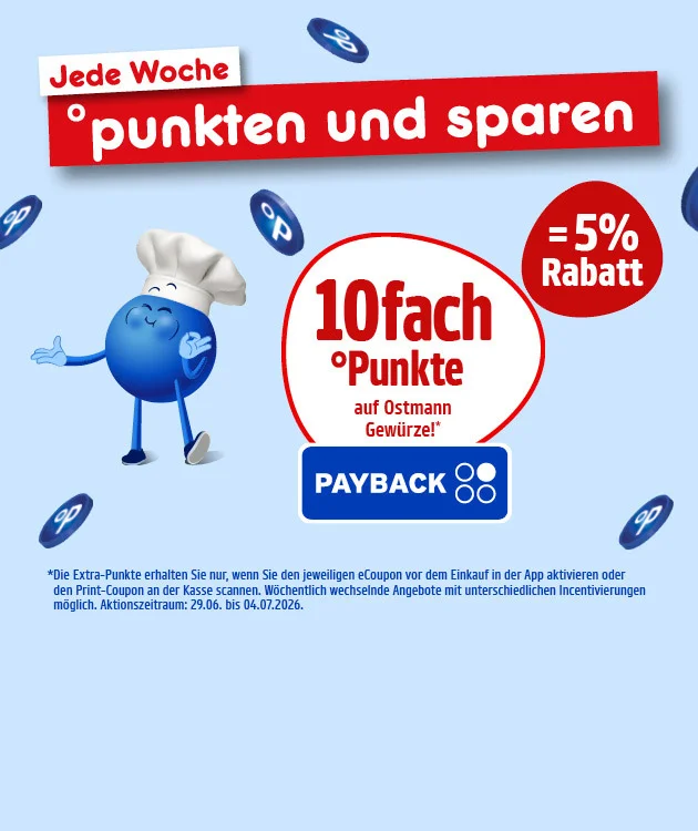 Diese Grafik zeigt auf hellblauem Hintergrund mehrere schwebende PAYBACK-Symbole, oben ein wei&szlig;es Schild mit roter Schrift &bdquo;Jede Woche&ldquo; und darunter einen roten Balken mit der Aufschrift &bdquo;punkten und sparen&ldquo;. Links steht ein blauer Pointee mit ausgebreiteten Armen und wei&szlig;er Kochm&uuml;tze. In der Mitte steht in einem wei&szlig; hinterlegten, rot umrandeten Kreis &bdquo;zehnfach Punkte auf Ostmann Gew&uuml;rze!&ldquo; &uuml;ber einem PAYBACK-Logo, rechts daneben in einem roten Kreis &bdquo;gleich f&uuml;nf Prozent Rabatt&ldquo;. Unten steht der Sternchentext: &bdquo;Die Extra-Punkte erhalten Sie nur, wenn Sie den jeweiligen eCoupon vor dem Einkauf in der App aktivieren oder den Print-Coupon an der Kasse scannen. W&ouml;chentlich wechselnde Angebote mit unterschiedlichen Incentivierungen m&ouml;glich. Aktionszeitraum: neunundzwanzigster sechster bis vierter siebter zweitausendsechsundzwanzig.&ldquo; Ganz unten befindet sich der Button &bdquo;Hier mehr erfahren&ldquo;, der zum Klicken einl&auml;dt.