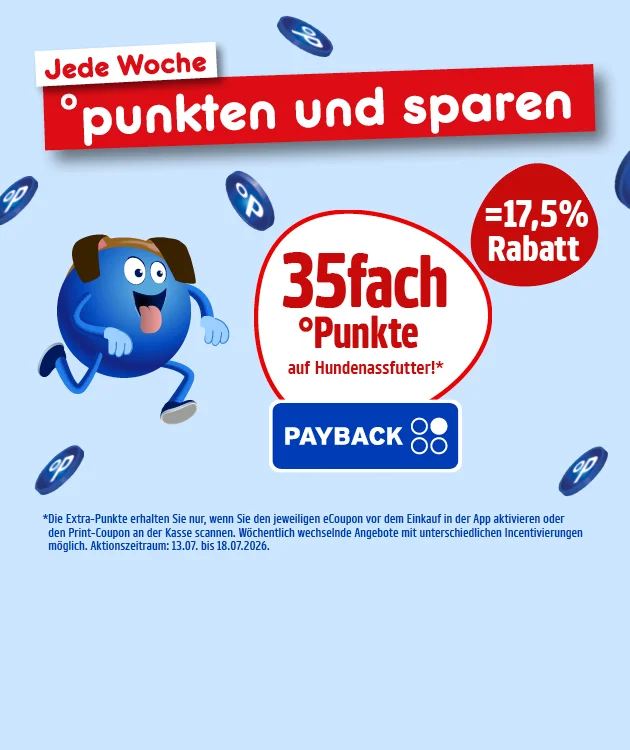 Diese Grafik zeigt auf hellblauem Hintergrund mehrere schwebende PAYBACK-Punktesymbole. Oben links stehen auf einer wei&szlig;en und einer roten Fl&auml;che die Texte &bdquo;Jede Woche&ldquo; und &bdquo;&deg;punkten und sparen&ldquo;. Links unten ist ein blauer Pointee in Hundegestalt mit lachendem Gesicht in laufender Haltung zu sehen. Rechts daneben steht in einem wei&szlig;en Kreis mit roter Umrandung: &bdquo;f&uuml;nfunddrei&szlig;igfach &deg;Punkte auf Hundenassfutter!&ldquo;. Daneben befindet sich ein roter Kreis mit dem Text &bdquo;gleich siebzehn Komma f&uuml;nf Prozent Rabatt&ldquo;. Unter dem Kreis steht das blaue PAYBACK-Logo. Der Sternchentext unten lautet: &bdquo;Die Extra-Punkte erhalten Sie nur, wenn Sie den jeweiligen Coupon vor dem Einkauf in der App aktivieren oder den Print-Coupon an der Kasse scannen. W&ouml;chentlich wechselnde Angebote mit unterschiedlichen Incentivierungen m&ouml;glich. Aktionszeitraum: dreizehnter Juli bis achtzehnter Juli zweitausendsechsundzwanzig.&ldquo; Ganz unten befindet sich ein wei&szlig;er Button mit roter Umrandung und der Aufschrift &bdquo;Hier mehr erfahren&ldquo;, der zum Klicken einl&auml;dt.