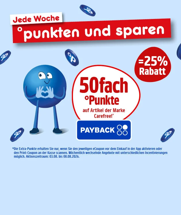 Auf dem Bild sieht man eine hellblaue PAYBACK-Werbegrafik mit schwebenden PAYBACK-Punkten und einer blauen Figur. Oben steht Jede Woche punkten und sparen. In der Mitte werden f&uuml;nfzigfach Punkte auf Artikel der Marke Carefree und f&uuml;nfundzwanzig Prozent Rabatt beworben. Unten sind das PAYBACK-Logo und ein Button mit Hier mehr erfahren zu sehen. Im Sternchentext steht, dass Extra-Punkte nur mit vorher aktiviertem Coupon in der App oder mit Print-Coupon an der Kasse gelten, w&ouml;chentlich wechselnde Angebote m&ouml;glich sind und die Aktion vom dritten bis zum achten August zweitausendsechsundzwanzig l&auml;uft.