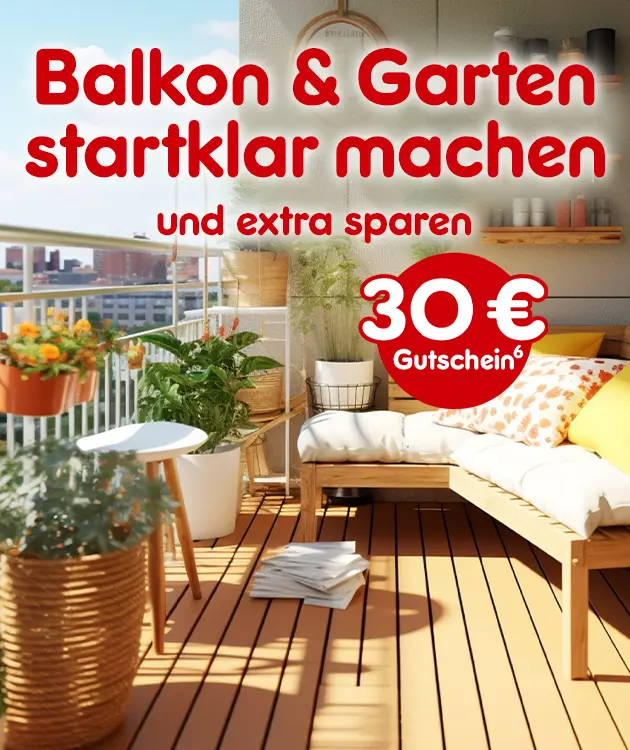 Balkon & Garten startklar machen und extra sparen. 30&euro; Gutschein bei Netto Online hoch 6, die auf den Rechtstext verweist.