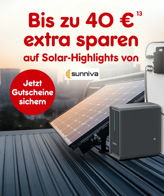 Bis zu 40&euro; extra sparen auf Solar Highlights von Sunniva. Jetzt Gutscheine sichern. Mit Hochzahl 13 die auf rechtliche Hinweise verweist
