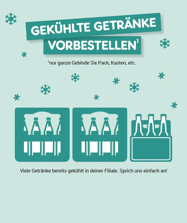 Diese Grafik zeigt auf hellgr&uuml;nem Hintergrund mehrere Schneeflocken, oben die &Uuml;berschrift &bdquo;Gek&uuml;hlte Getr&auml;nke vorbestellen&ldquo; auf gr&uuml;nen Balken und darunter den Hinweis &bdquo;nur ganze Gebinde Six Pack, Kasten etc.&ldquo;. In der Mitte sind drei gr&uuml;ne Symbole mit wei&szlig;en Getr&auml;nkeflaschen zu sehen, zweimal ein Sixpack und einmal ein Kasten. Darunter steht der Text &bdquo;Viele Getr&auml;nke bereits gek&uuml;hlt in deiner Filiale. Sprich uns einfach an!&ldquo;. Ganz unten befindet sich der Button &bdquo;Hier mehr erfahren&ldquo;, der zum Klicken einl&auml;dt.