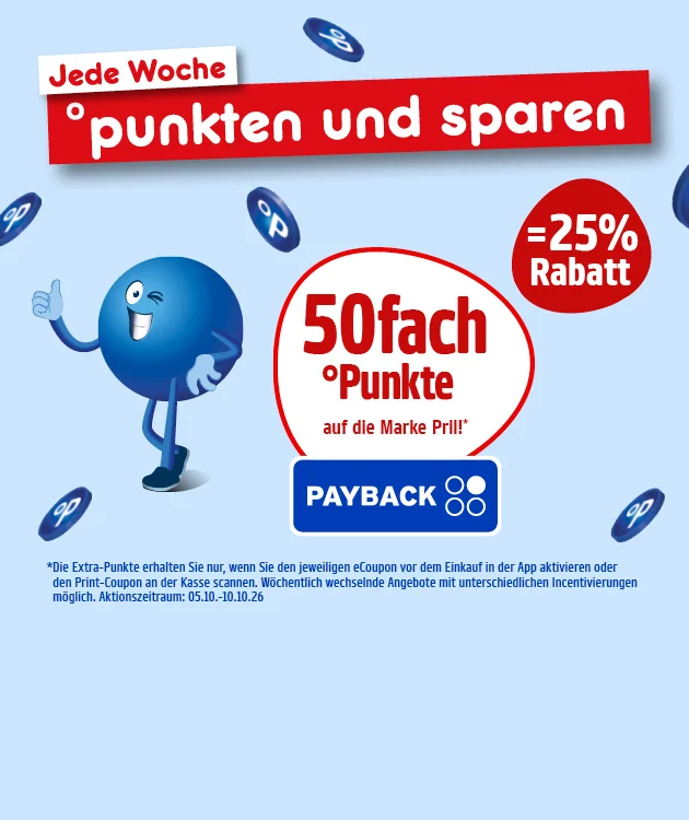 Diese Grafik zeigt auf hellblauem Hintergrund mit verstreuten blauen Payback-Punkten oben die &Uuml;berschrift &bdquo;Jede Woche &deg; punkten und sparen&ldquo;, darunter einen blauen lachenden Pointee, der einen gelben Schwamm in der Hand h&auml;lt und auf einen wei&szlig;en Kreis mit &bdquo;f&uuml;nfzigfach &deg;Punkte auf Artikel der Marke Pril!&ldquo; zeigt, daneben einen roten Kreis mit &bdquo;gleich f&uuml;nfundzwanzig Prozent Rabatt&ldquo; sowie das Payback-Logo; unten steht der Sternchentext &bdquo;Die Extra-Punkte erhalten Sie nur, wenn Sie den jeweiligen eCoupon vor dem Einkauf in der App aktivieren oder den Print-Coupon an der Kasse scannen. W&ouml;chentlich wechselnde Angebote mit unterschiedlichen Incentivierungen m&ouml;glich. Aktionszeitraum: f&uuml;nfter zehnter bis zehnter zehnter sechsundzwanzig&ldquo;, und ganz unten l&auml;dt ein Button mit der Aufschrift &bdquo;Hier mehr erfahren&ldquo; zum Klicken ein.