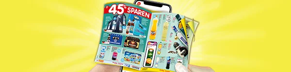 Gelbes Motiv mit strahlenf&ouml;rmigem Hintergrund: Zwei H&auml;nde halten ein Smartphone, darauf ist ein aufgeklapptes digitales Wochenprospekt zu sehen. Oben links im Prospekt steht gro&szlig; &bdquo;vierzig Prozent sparen&ldquo;. Im Prospekt sind verschiedene Angebotsseiten mit mehreren Produktabbildungen zu sehen, unter anderem Getr&auml;nkek&auml;sten und Flaschen, sowie weitere Lebensmittel- und Getr&auml;nkeartikel. Unten mittig befindet sich ein wei&szlig;er Button mit roter Umrandung und roter Schrift &bdquo;Zum digitalen Wochenprospekt&ldquo;, der zum Klicken einl&auml;dt.