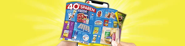 Diese Grafik zeigt eine Hand, die ein ge&ouml;ffnetes, buntes Netto-Prospekt vor gelbem Strahlen-Hintergrund h&auml;lt; oben links steht &bdquo;vierzig Prozent sparen&ldquo;. Auf den Prospektseiten sind verschiedene Produktangebote mit Bildern und Preisen zu sehen. Unten ein Button mit der Aufschrift &bdquo;Zum digitalen Wochenprospekt&ldquo;, der zum Klicken einl&auml;dt.