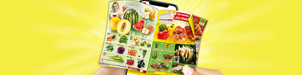 Diese Grafik zeigt auf gelbem Hintergrund mit hellen Strahlen zwei H&auml;nde, die ein Smartphone mit aufgef&auml;cherten Seiten eines digitalen Wochenprospekts halten. Zu sehen sind verschiedene Obst-, Gem&uuml;se-, Blumen- und Gartenartikel, darunter Melone, Paprika, Pfirsiche, Karotten, Auberginen und Getreide. Auf den Prospektseiten stehen die Texte &bdquo;Der Ort f&uuml;r den knackigen Preis&ldquo; und &bdquo;Den ganzen Juli sparen&ldquo;. Unten befindet sich ein Button mit der Aufschrift &bdquo;Zum digitalen Wochenprospekt&ldquo;, der zum Klicken einl&auml;dt.