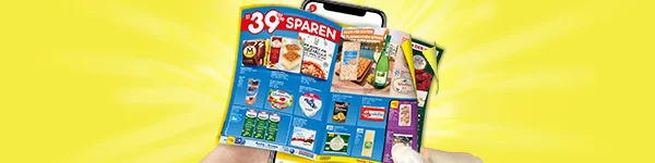 Diese Grafik zeigt auf gelbem, strahlenf&ouml;rmigem Hintergrund zwei H&auml;nde, die ein Smartphone mit einem aufgeklappt dargestellten digitalen Wochenprospekt halten. Auf dem Prospekt steht gro&szlig; &bdquo;Bis zu neununddrei&szlig;ig Prozent sparen&ldquo;. Im Prospekt sind viele Angebotsfelder mit Lebensmitteln und weiteren Produkten abgebildet, darunter Eis, Wurst, K&auml;se, Pizza, Joghurt, Milchprodukte, Getr&auml;nke, Flammkuchen-Zutaten sowie weitere Aktionsartikel. Unten befindet sich ein wei&szlig;er Button mit rotem Rand und der Aufschrift &bdquo;Zum digitalen Wochenprospekt&ldquo;, der zum Klicken einl&auml;dt.