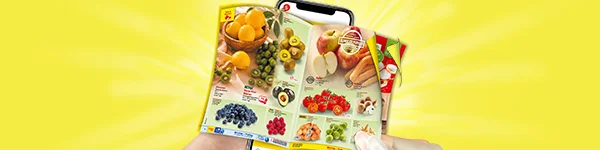 Diese Grafik zeigt auf gelbem Hintergrund mit hellen Strahlen ein Smartphone, das von zwei H&auml;nden gehalten wird. Aus dem Bildschirm ragt ein aufgeklapptes digitales Wochenprospekt mit verschiedenen Lebensmitteln heraus, darunter Zitronen, gr&uuml;ne Weintrauben, Kiwis, &Auml;pfel, Karotten, Blaubeeren, Himbeeren, Avocados, Tomaten, Champignons und weitere Produkte. Unten l&auml;dt ein Button mit der Aufschrift &bdquo;Zum digitalen Wochenprospekt&ldquo; zum Klicken ein.