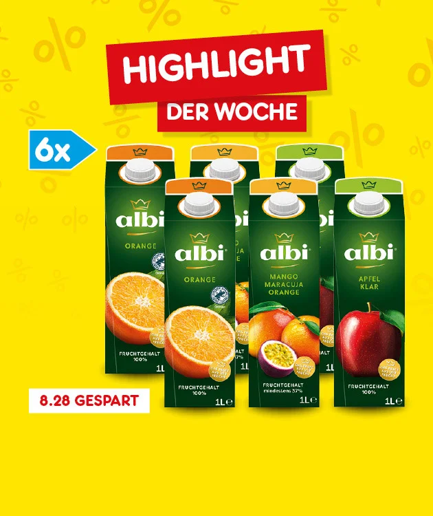 Diese Grafik zeigt auf gelbem Hintergrund mit dezenten Prozentzeichen oben den Schriftzug &bdquo;Highlight der Woche&ldquo;. Darunter sind sechs albi-Fruchtsaftgetr&auml;nke abgebildet, darunter die Sorten Orange, Mango-Maracuja-Orange und Apfel klar. Links weist ein blaues Symbol auf &bdquo;6x&ldquo; hin. Unten steht der Hinweis &bdquo;8,28 gespart&ldquo;. Unten in der Mitte l&auml;dt ein Button mit der Aufschrift &bdquo;Weitere Highlight-Angebote entdecken&ldquo; zum Klicken ein.