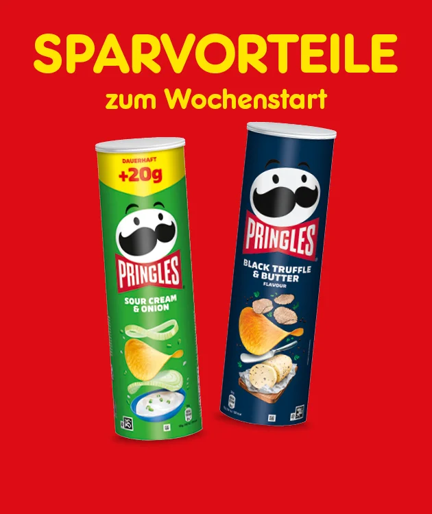 Diese Grafik zeigt auf rotem Hintergrund die &Uuml;berschrift &bdquo;Sparvorteile zum Wochenstart&ldquo; sowie zwei Pringles-Dosen der Sorten &bdquo;Sour Cream and Onion&ldquo; und &bdquo;Black Truffle Butter&ldquo;. Auf einer Dose steht der Hinweis &bdquo;Dauerhaft plus zwanzig Gramm&ldquo;. Unten l&auml;dt ein Button &bdquo;Weitere Sparangebote entdecken&ldquo; zum Klicken ein.