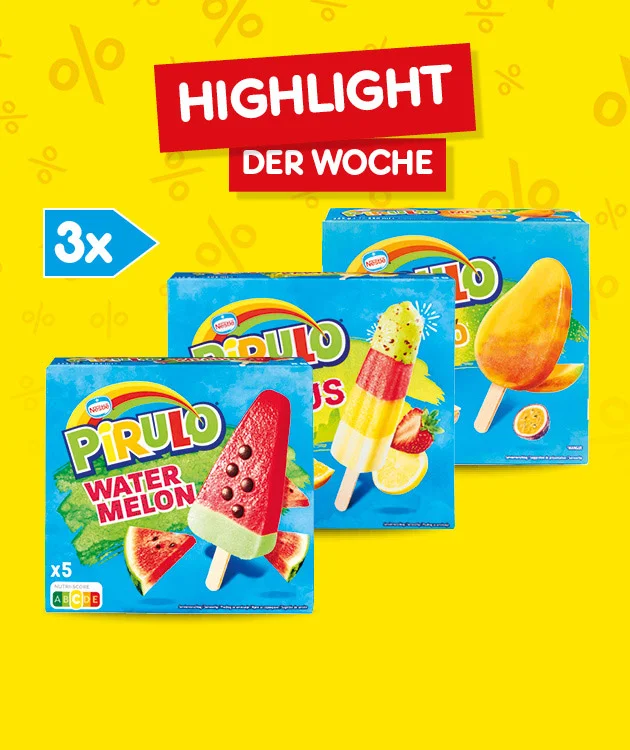 Diese Grafik zeigt auf gelbem Hintergrund mit kleinen Prozentzeichen den roten Hinweis &bdquo;Highlight der Woche&ldquo;, daneben eine blaue Markierung mit &bdquo;dreimal&ldquo; und drei Packungen &bdquo;Pirulo Water Melon&ldquo;, sowie unten den Button &bdquo;Weitere Highlight-Angebote entdecken&ldquo;, der zum Klicken einl&auml;dt.