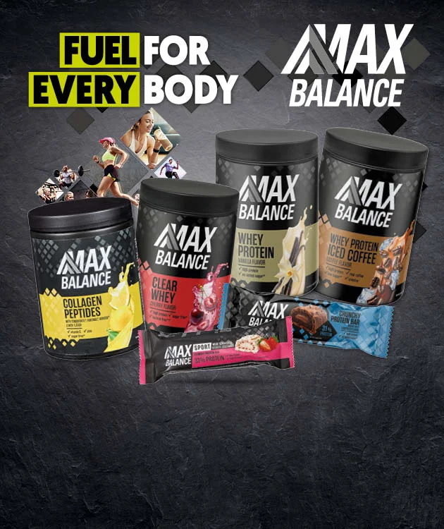 Diese Grafik zeigt einen dunklem Hintergrund mit dem Slogan &bdquo;Fuel for every body&ldquo;. Abgebildet sind mehrere Sportern&auml;hrungsprodukte der Marke Max Balane, darunter Collagen Peptides, Clear Whey, Whey Protein Vanilla Flavor, Whey Protein Iced Coffee sowie zwei Proteinriegel. Kleine Sportmotive mit laufenden und trainierenden Personen erg&auml;nzen das Bild.