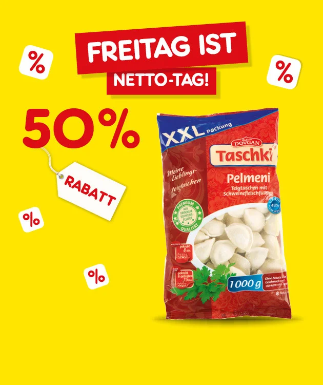 Die Grafik zeigt einen leuchtend gelben Hintergrund mit der roten Headline &bdquo;Freitag ist Netto-Tag!&ldquo;. Links ist gro&szlig; &bdquo;50 %&ldquo; abgebildet sowie ein Anh&auml;nger mit der Aufschrift &bdquo;Rabatt&ldquo;. Mehrere Prozent-Symbole sind dekorativ verteilt. Rechts steht eine Flasche Freixenet Medera&ntilde;o Espa&ntilde;a Rotwein im Vordergrund.