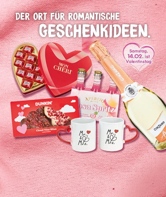 Grafik mit rosa Hintergrund und dem wei&szlig;en Schriftzug: &bdquo;Der Ort f&uuml;r romantische Geschenkideen.&ldquo; Oben rechts ein rosa Herz mit dem Text: &bdquo;Samstag, vierzehnter Februar ist Valentinstag&ldquo;. Im Mittelpunkt verschiedene Geschenkideen: Eine herzf&ouml;rmige Schachtel Mon Ch&eacute;ri Pralinen, eine goldene Schale mit einzeln verpackten Mon Ch&eacute;ri, eine Packung Aperito Rosa Spritz mit drei kleinen Flaschen, eine Flasche Cinzano Asti Sekt, eine rote Schachtel Dunkin&rsquo; Cloud Nine Bites mit herzf&ouml;rmigen Donuts, sowie zwei wei&szlig;e Tassen mit roten Herzhenkeln und der Aufschrift &bdquo;Mr. & Mrs.&ldquo;. Unten rechts ein roter Button mit wei&szlig;er Schrift: &bdquo;Jetzt Angebote entdecken&ldquo;, der zum Klicken einl&auml;dt.