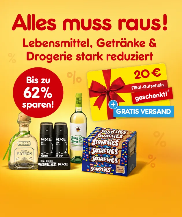Alles muss raus! Lebensmittel, Getr&auml;nke und Drogerie stark reduziert. Bis zu 62% sparen und einen 20&euro; Filialgutschein + gratis Versand sichern bei netto-online hoch 3, die auf rechtliche Hinweise verweist.