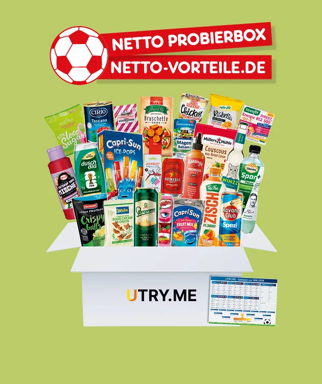 Diese Grafik zeigt auf hellgr&uuml;nem Hintergrund oben ein rotes Banner mit einem wei&szlig;en Fu&szlig;ball und den Schriftz&uuml;gen &bdquo;Netto Probierbox&ldquo; und &bdquo;netto-vorteile.de&ldquo;. Darunter steht eine ge&ouml;ffnete wei&szlig;e Box mit dem Aufdruck &bdquo;UTRY.ME&ldquo;, gef&uuml;llt mit vielen verschiedenen Produktverpackungen aus unterschiedlichen Warengruppen, daneben ein kleiner aufgedruckter Zettel. Ganz unten befindet sich der Button &bdquo;Hier geht&acute;s zum Vorbestellen&ldquo;, der zum Klicken einl&auml;dt
